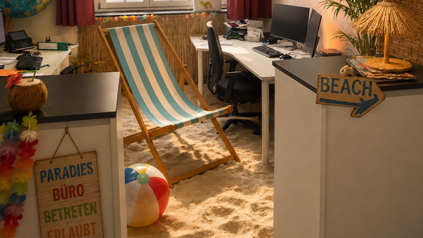 Büro mit Liegestuhl, geänderte Öffnungszeiten in den Sommerferien