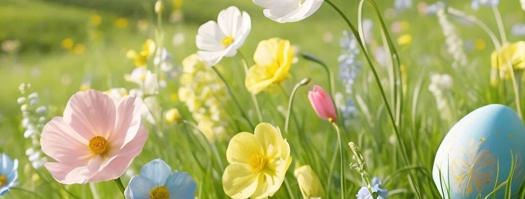 KI generierte Blumenwiese mit Osterei